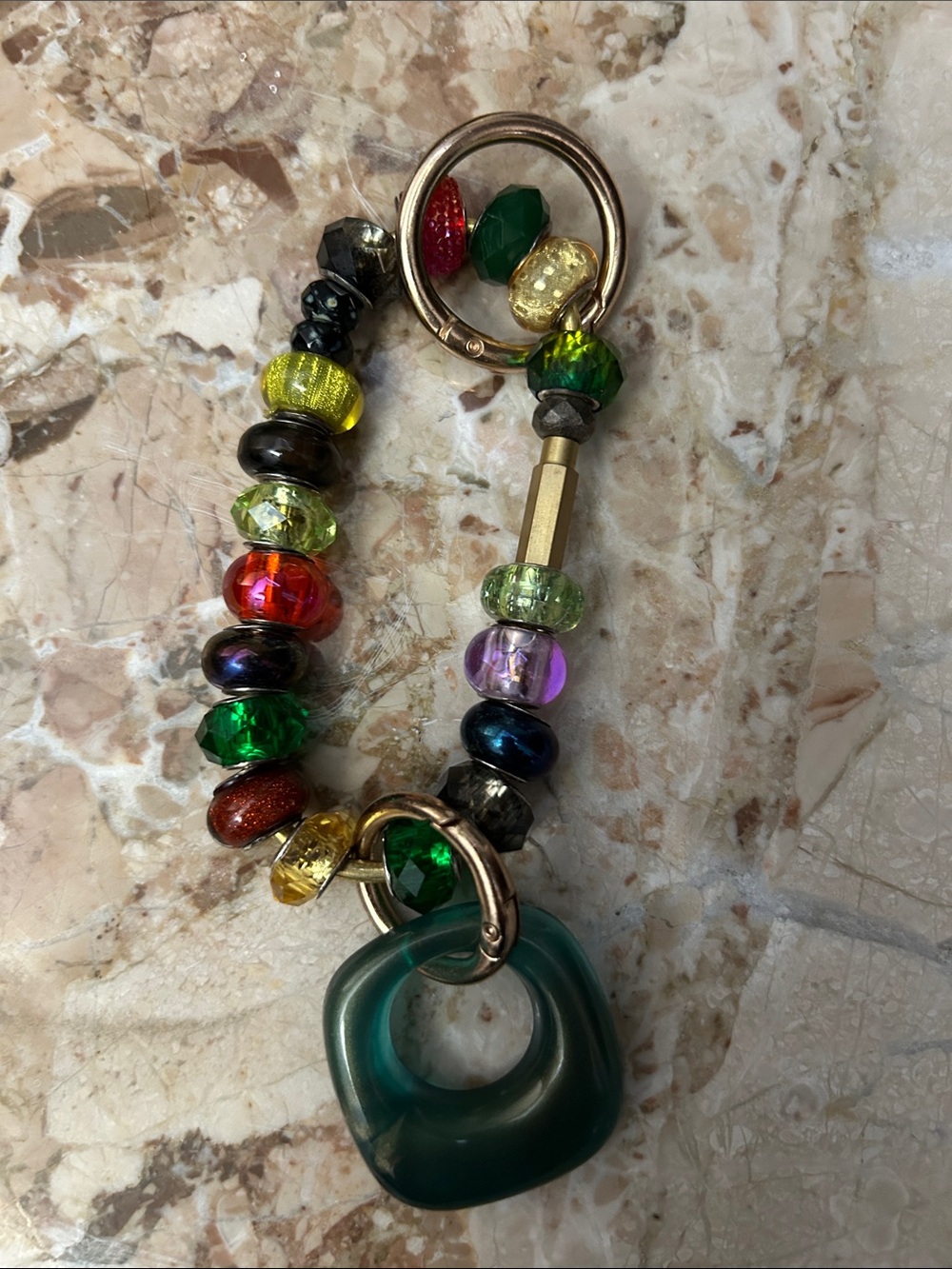Vesper Obscura Beaded Key Ring, Colorful Rondelle Beads and Gold Tones Hardware